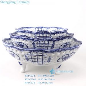 RYFC31-C Elegant Lattice Cutout Ceramic Fruit Dish Set Blue and White Oval Serving Bowl for Kitchen