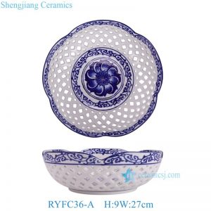 RYFC36-A Floral Petal Cutout Ceramic Fruit Basket Chinoiserie Openwork Blue White Floral Porcelain Bowl
