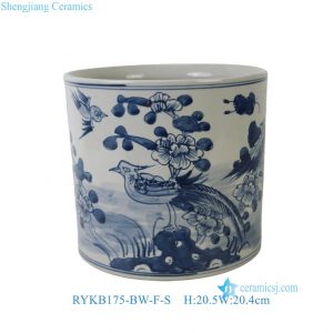 RYKB175-BW-F-S Antique Style Blue White Phoenix Ceramic Flower Pot Planter Decorative Brush Holder 