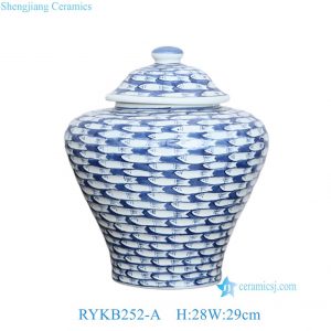 RYKB252-A Blue and White Simple Fish Pattern Ceramic Temple Jar Pot