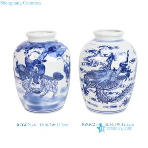 RZGC21-A-B Vintage Blue White Porcelain Vase Oriental Mythical Creature Ceramic Flower Vase Table Decor for Living Room