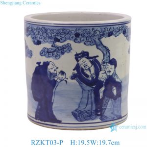 RZKT03-P Blue and White Sages Longevity Peach Ceramic Planter Vintage Chinese Brush Pot