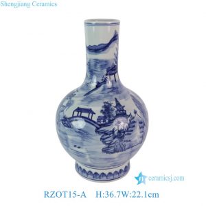 RZOT15-A Blue and White Porcelain Landscape Mountains, Lakes & Waterfalls Ceramic Globular Vase Decor