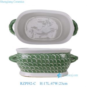 RZPI92-C Scalloped Wave Pattern Green Ceramic Flower Pot Oval Succulent Orchid Planter with Handles