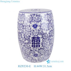RZPZ30-E Traditional Oriental Blue and White Double Happiness Porcelain Garden Stool Traditional Chinese Knot Decor Drum Seat
