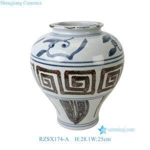 RZSX174-A Chinoiserie Hand Painted Retro Floral Scroll Rust Geometric Motif Porcelain Vase Urn