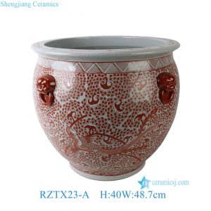 RZTX23-A Hand Painted Antique Ceramic Fish Bowl Planter Red and White Porcelain Water Basin Flower Pot Decor