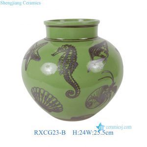 RXCG23-B Green Glaze Sea Animal fish tarfish and Seashell Motifs Ceramic Table Vase Decor