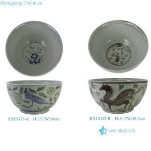 RXCG33-A-B Blue and white Pheasant and Floral Bird Horse Pattern Ceramic Big Bowl Planter