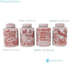 RXCJ06-ABCD Red and  White Happiness Floral Landsape Pattern Ceramic Straight-Sided Tea Canister