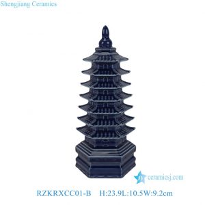 RZKRXCC01-B Dark Blue Porcelain Pagoda Statue Elegant Chinoiserie Table Centerpiece Home Decor Figurines