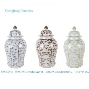 RZOX29-A-B-C Blue Green Brown and White Bamboo Pattern Handpainted Porcelain Ginger Jar Lidded Pot