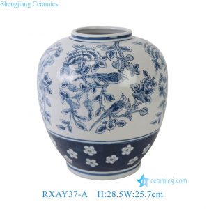 RXAY37-A  Blue and White Floral and Bird Round Jar