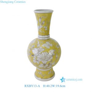 RXBY13-A  Yellow Ground Brown Floral & Leaf Pattern Long Neck Bottle