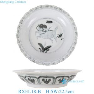 RXEL18-B  Underglaze Blue Interlocking Branch Qilin Pattern Kui-mouth Plate