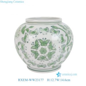 RXEM-WW23177  Green Round Jar with Floral and Butterfly Patterns, Ceramic Storage Canister