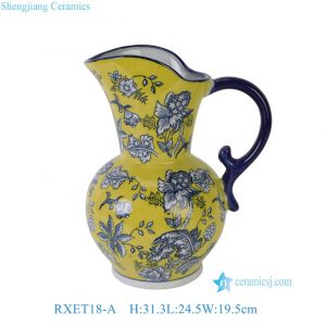 RXET18-A  Yellow Ground Porcelain Ewer with Flower and Leaf Pattern, Chinese Antique Decorative Ceramic Pot