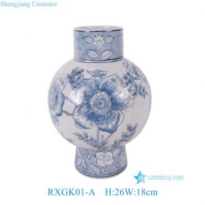 RXGK01-A  Blue and White Straight Neck Spherical Vase with High Foot & Floral Leaf Pattern, Chinese Porcelain Artware