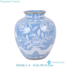 RXGK11-A  Blue Ground Pomegranate Vase with White Peony Motif and Gilded Decoration, Chinese Porcelain Vase