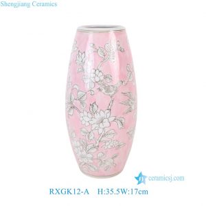 RXGK12-A  Antique Pink Ground Brown Flower Bird Pattern Olive Shaped Porcelain Vase Home Decor