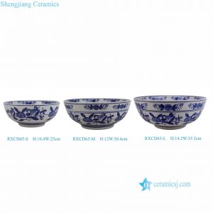 RXCD65-L-M-S  Blue and White Porcelain Bowl Set with Floral Leaf Pattern, Large Medium and Small Sizes