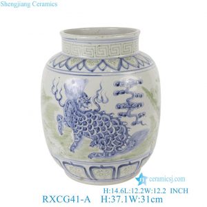 RXCG41-A  Blue & White Green Qilin Motif Winter Melon Porcelain Vase