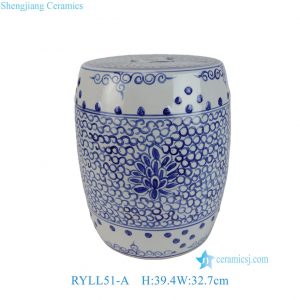 RYLL51-A  Blue and White Porcelain Drum Stool, Interlocking Lotus Pattern, Chinese Antique Garden Cool Seat