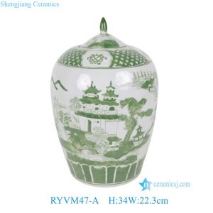 RYVM47-A Green and White Landscape Pattern Porcelain Temple Jar Vase decor
