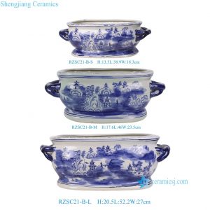RZSC21-B-L-M-S  Blue and White Porcelain Foot Bath, Oval Shape with Two Handles, Landscape Pattern