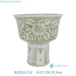 RZSX112-F  Green and White Floral Pattern Handpainted Ceramic High Foot Planter Flower Pot