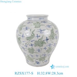RZSX177-S  Green and White Crane Pattern Handpainted Ceramic Table Flower Vase