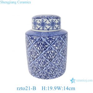 rzto21-B  Blue and White Porcelain Straight Tea Canister with Floral Leaf Patterns, Flat Top