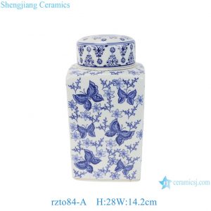 rzto84-A  Chinese Blue and White Square Porcelain Jar Floral Butterfly Pattern for Home Decoration